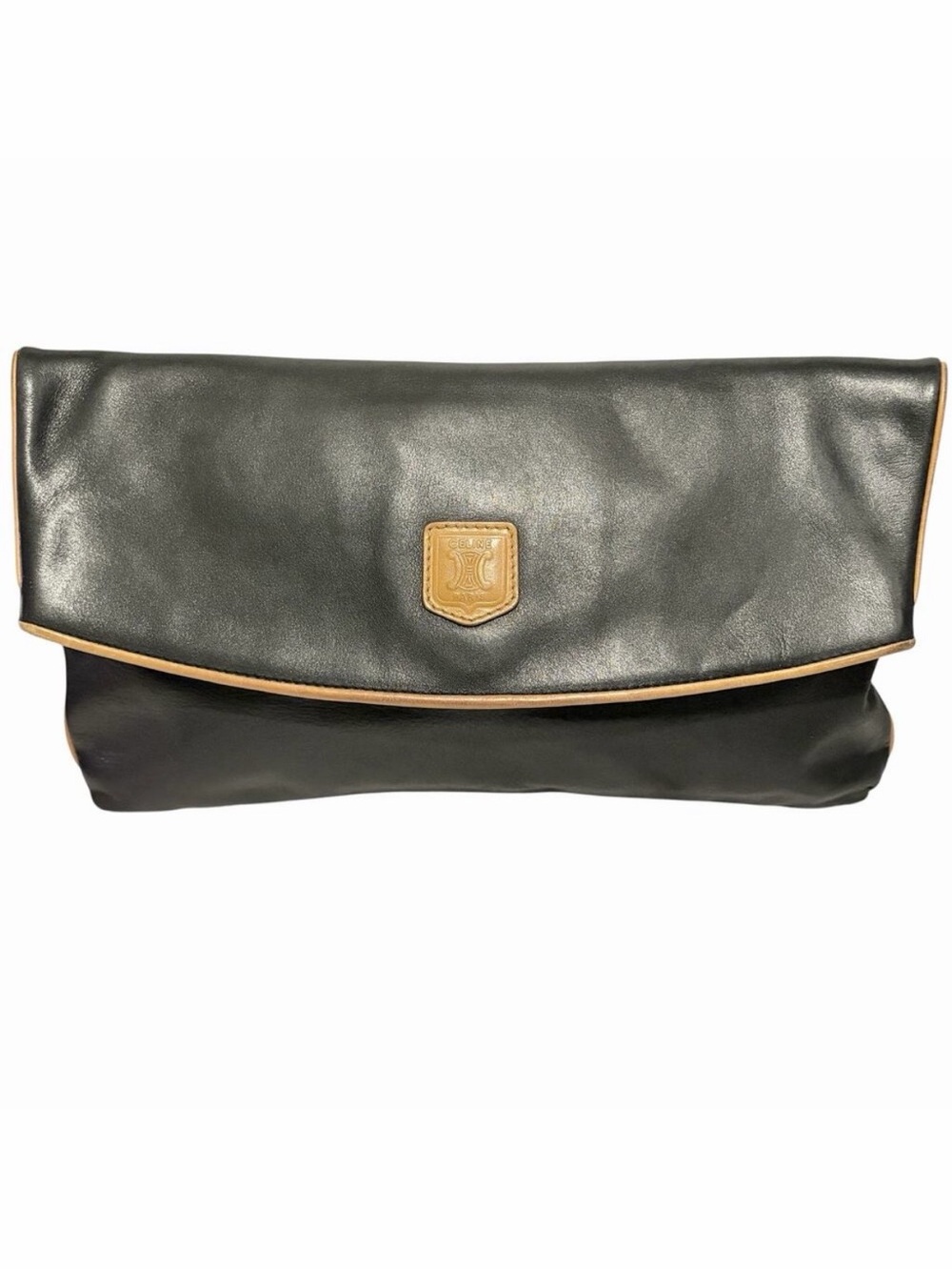 Vintage Celine Black Leather Foldover Clutch Tan Crest Logo Gold Hardware